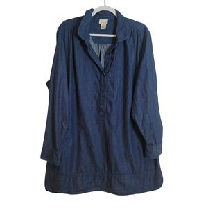 Andrea Jovine Woman Chambray Denim Tunic Top Cotton Henley Blue Plus Size 3X